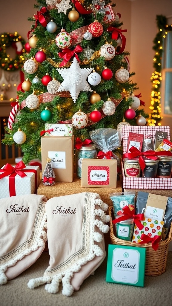 A collection of Christmas gifts under a tree, showcasing personalized items and festive decorations.